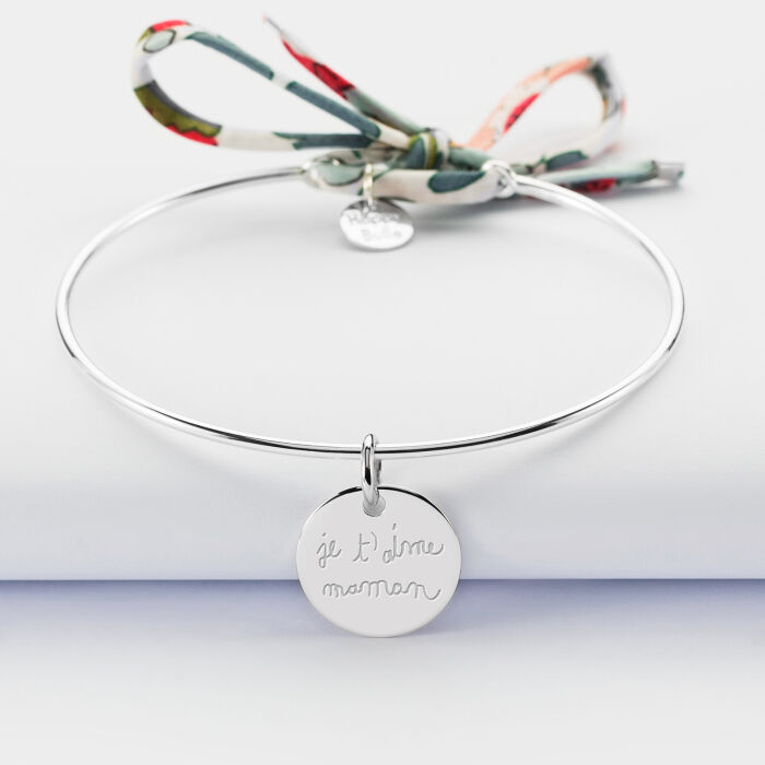 Personalised silver and Liberty cord bangle bracelet and engraved medallion 15mm