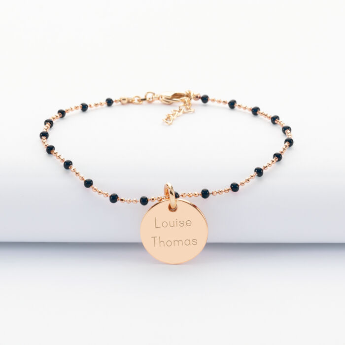 Bracelet perles colorées personnalisé médaille gravée plaqué or 15 mm - 2 prénoms