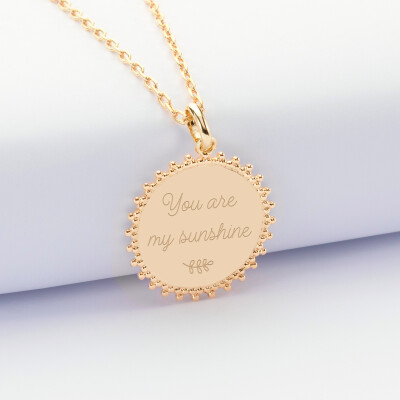 Pendentif personnalisé médaille soleil  gravée plaqué or 20 mm - texte et pictogramme