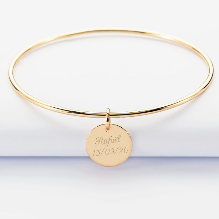 Personalised gold plated bangle and engraved medallion 15mm