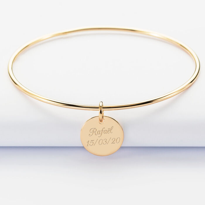 Bracelet personnalisé jonc plaqué or médaille gravée 15 mm - texte et pictogrammes