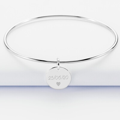 Bracelet personnalisé jonc argent médaille gravée 15 mm - texte et pictogramme