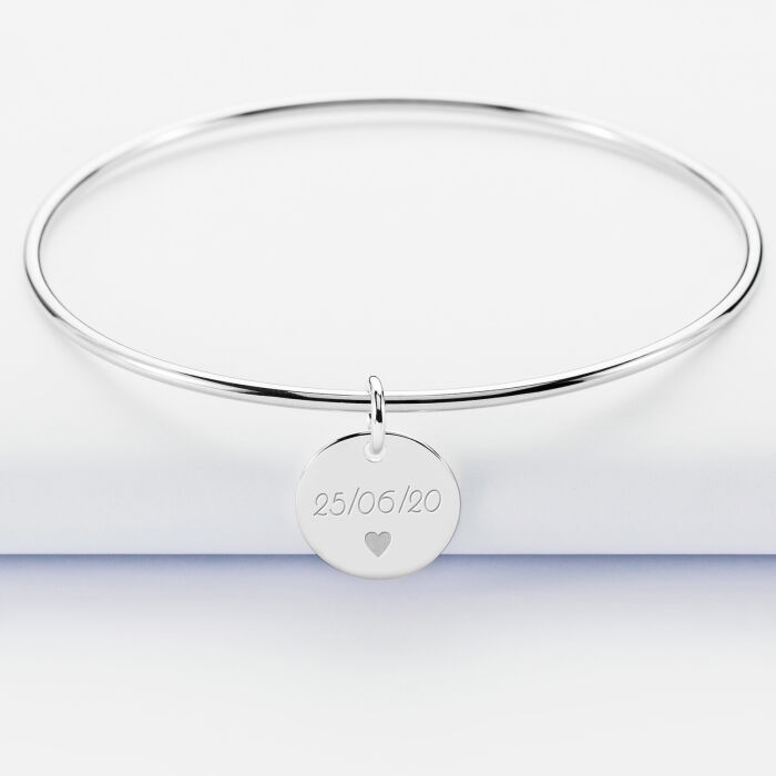 Personalised silver bangle and engraved medallion 15mm