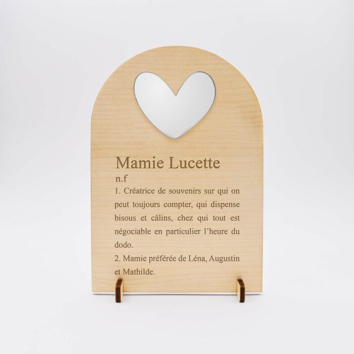 Cadre Mamie personnalisé bois gravé avec cœur acrylique miroir argenté 10x15 cm - face
