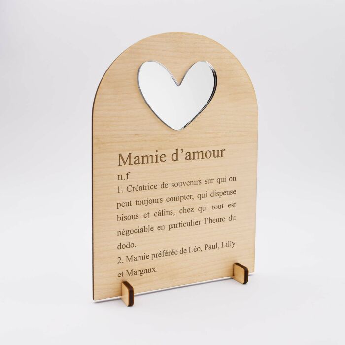 Cadre Mamie personnalisé bois gravé avec cœur acrylique miroir argenté 10x15 cm - biais