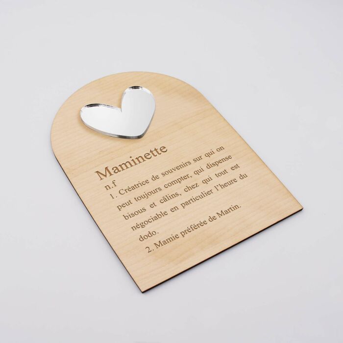 Cadre Mamie personnalisé bois gravé avec cœur acrylique miroir argenté 10x15 cm - maminette