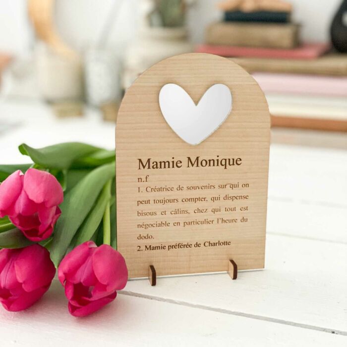 Cadre Mamie personnalisé bois gravé avec cœur acrylique miroir argenté 10x15 cm - ambiance fleurs