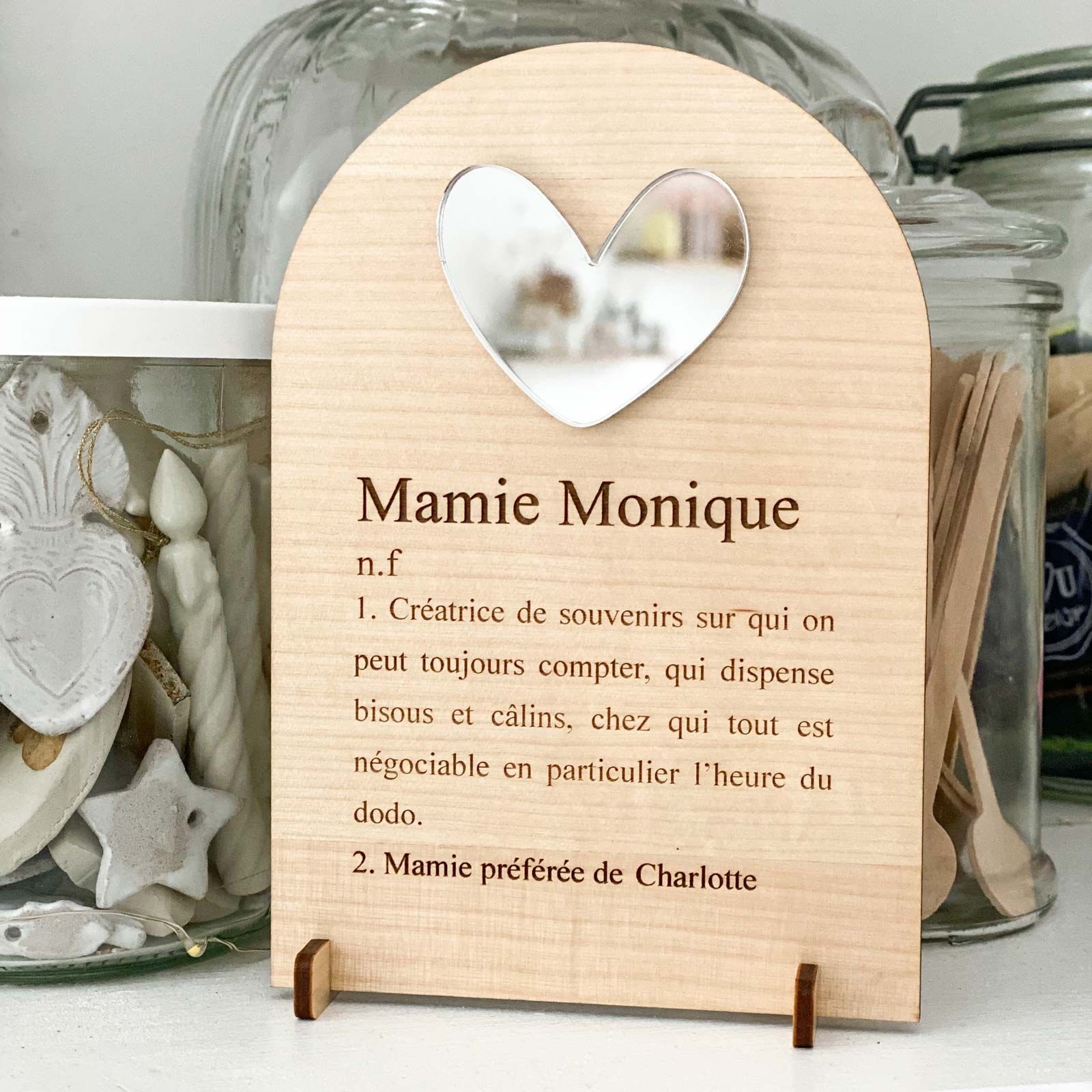 Cadre bois gravé Mamie personnalisé avec cœur argenté acrylique 10x15 cm