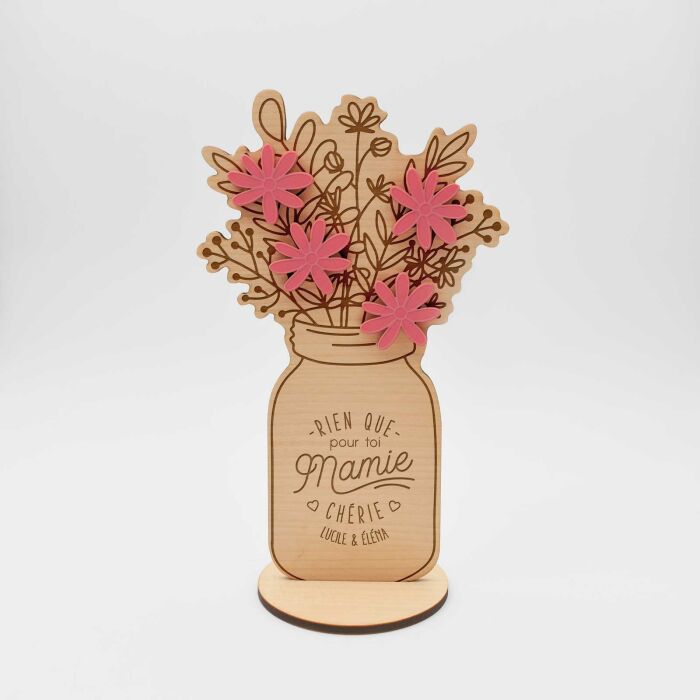 Décoration bouquet de fleurs personnalisé bois gravé 16x9 cm - Editons spéciale "Mamie chérie" - face