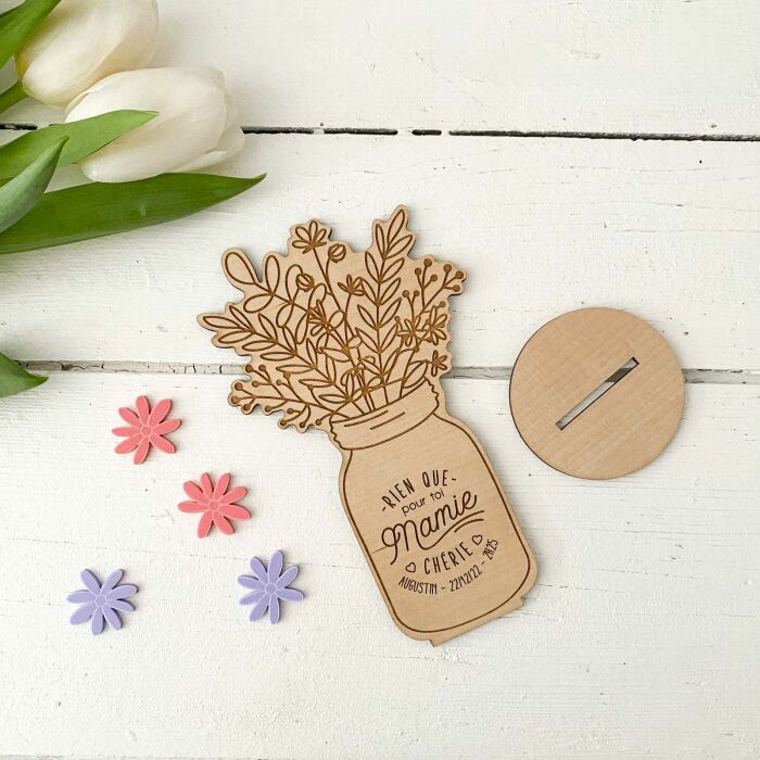 Décoration bouquet de fleurs personnalisé bois gravé 16x9 cm - Editons spéciale "Mamie chérie" - présentation