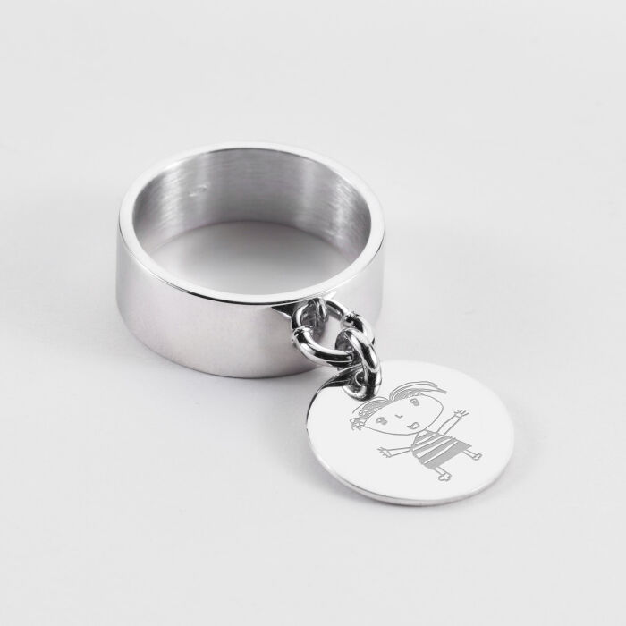 Bague personnalisée argent médaille gravée 15 mm - dessin