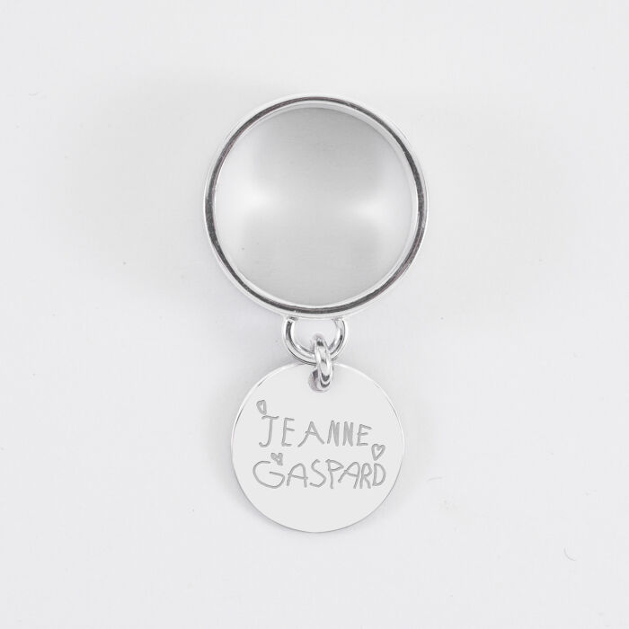 Bague personnalisée argent médaille gravée 15 mm - texte manuscrit