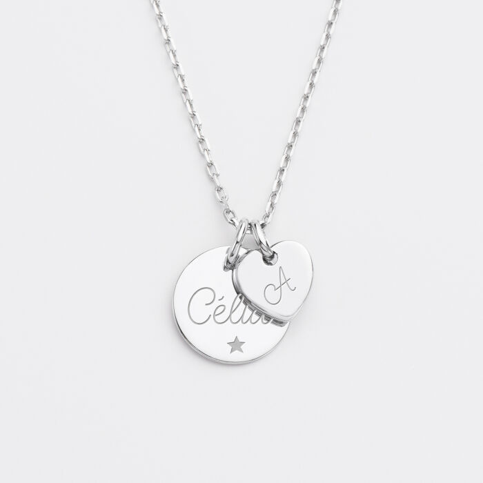 Pendentif personnalisé médaille gravée argent 15 mm et breloque coeur 10 mm prénom