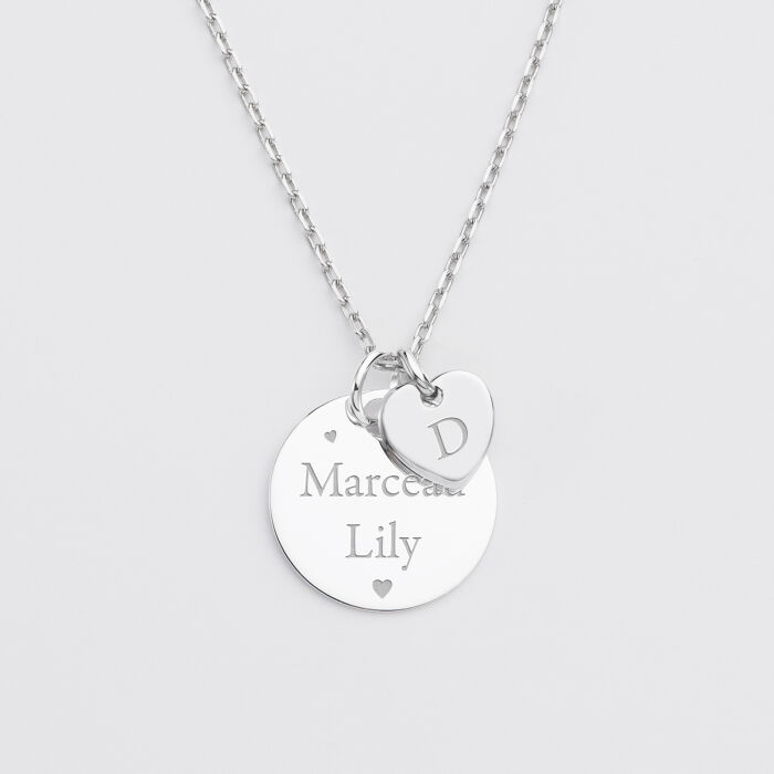 Pendentif personnalisé médaille gravée argent 19 mm et breloque coeur 10 mm prénoms