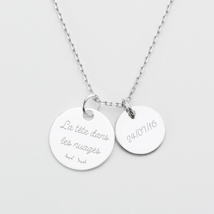Pendentif personnalisé 2 médailles gravées argent 19 mm et 15 mm texte et date