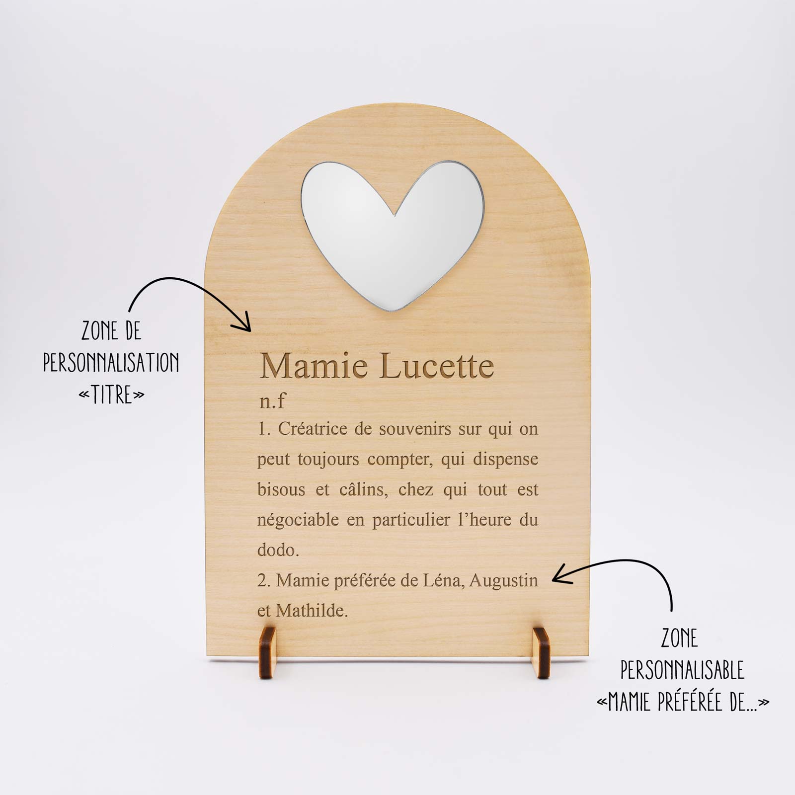 Cadre bois gravé Mamie personnalisé avec cœur argenté acrylique 10x15 cm