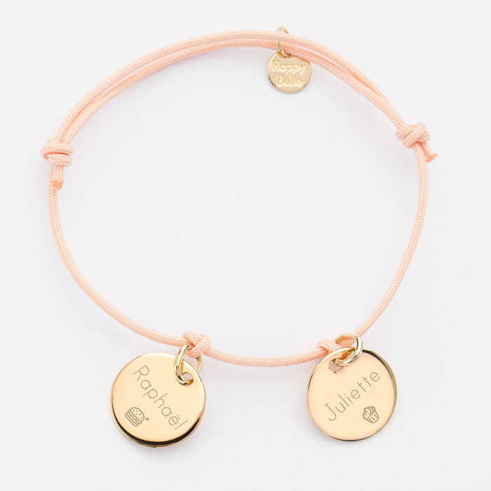 Bracelet personnalisé 2 médailles gravées plaqué or dormeuses 15mm prénoms