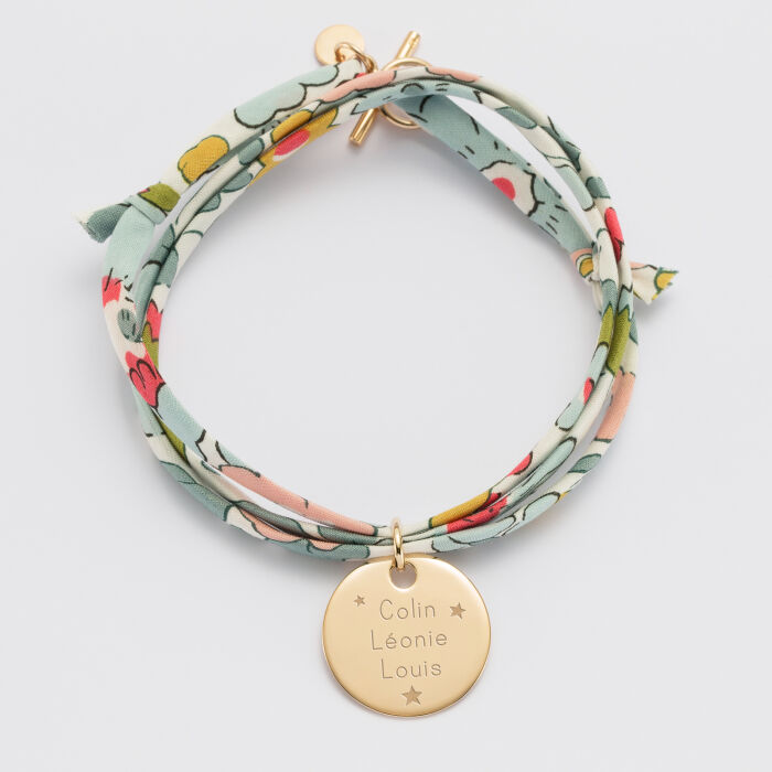 Personalised 3 turn Liberty bracelet with personalised engraved gold plated medallion 19 mm - names