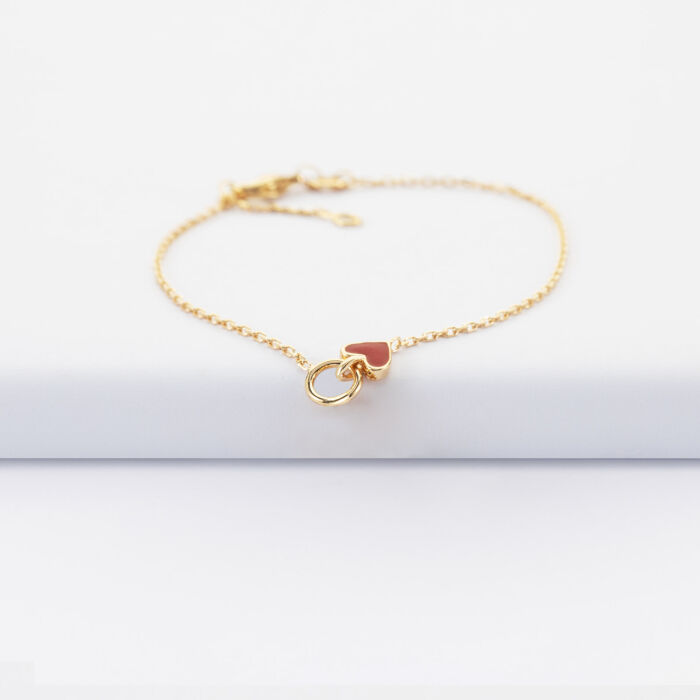 Bracelet chaîne cœur émail rouge plaqué or - face