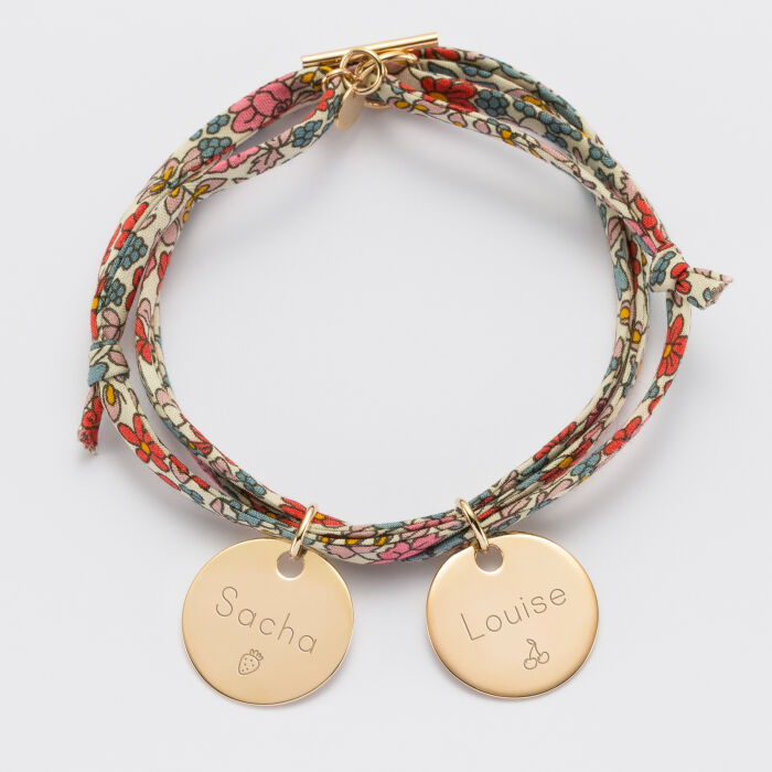 Bracelet 3 tours Liberty personnalisé 2 médailles gravées plaqué or 19 mm - prénoms