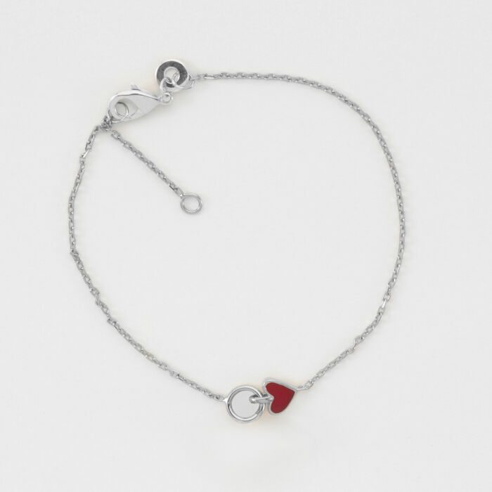 Bracelet chaîne cœur émail rouge argent plat