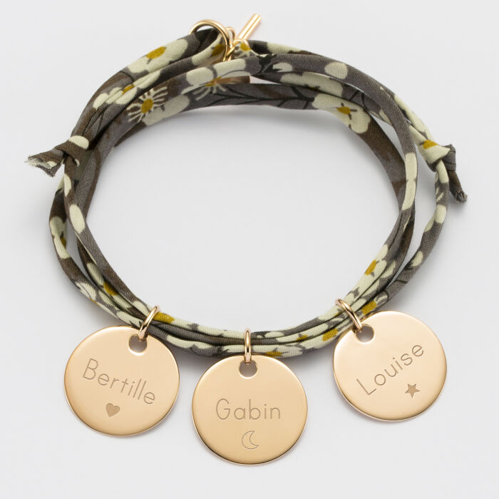 Liberty 3 turn bracelet with 3 personalised engraved gold plated medallions 19 mm - names