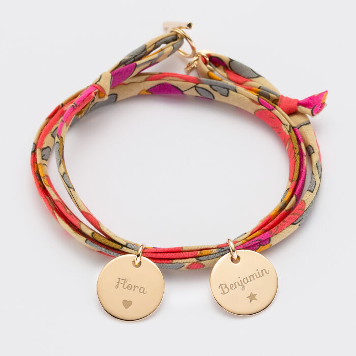 Bracelet 3 tours Liberty personnalisé 2 médailles gravées plaqué or 15 mm - prénoms