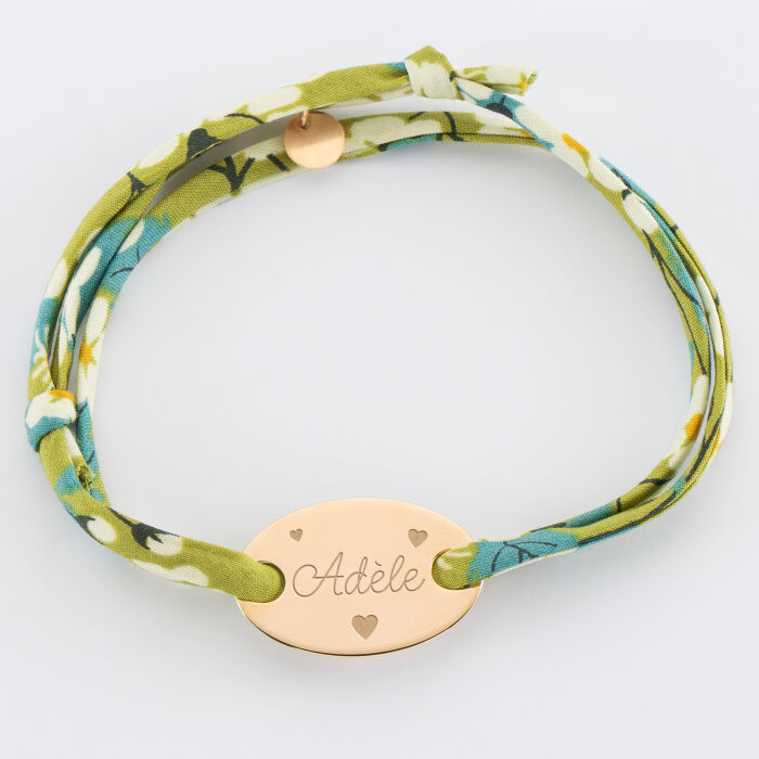 Bracelet 2 tours Liberty personnalisé médaille gravée plaqué or ovale 25x16 mm - prénom