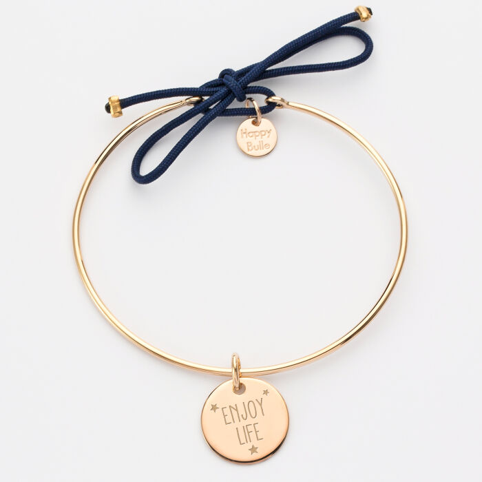 Bracelet personnalisé jonc plaqué or et cordon médaille gravée 15 mm texte