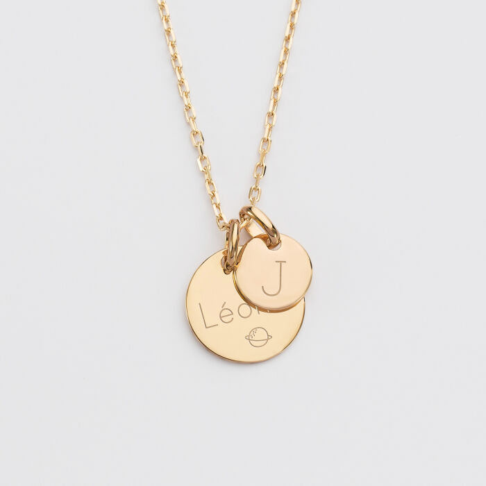 Pendentif personnalisé médaille gravée plaqué or 15 mm et breloque ronde 10 mm prénom