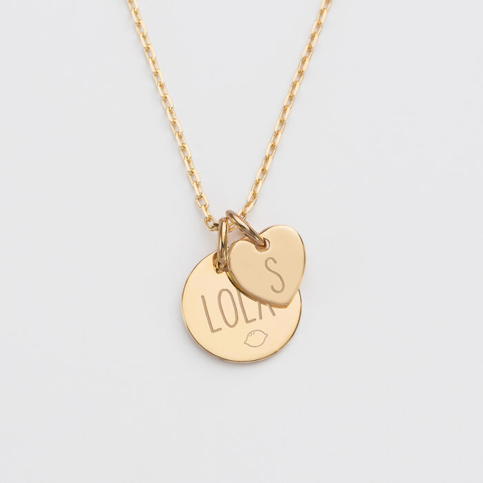 Pendentif personnalisé médaille gravée plaqué or 15 mm et breloque coeur 10 mm prénom