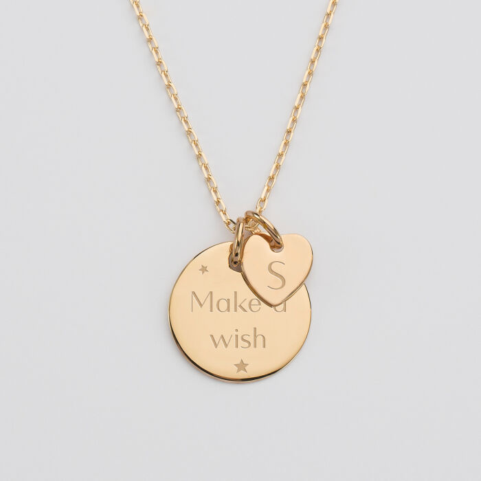 Pendentif personnalisé médaille gravée plaqué or 19 mm et breloque coeur 10 mm - texte