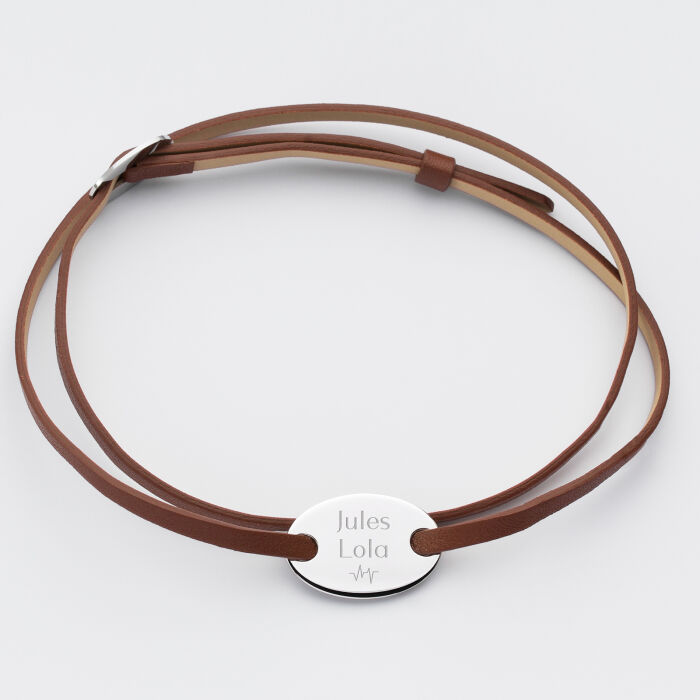 Gents leather bracelet with personalised engraved oval 2-hole silver medallion 25x16mm - names 2