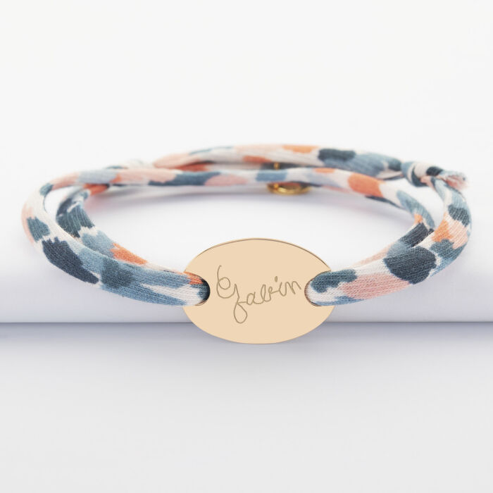 Bracelet 2 tours Liberty personnalisé médaille gravée plaqué or ovale 25x16 mm - texte manuscrit