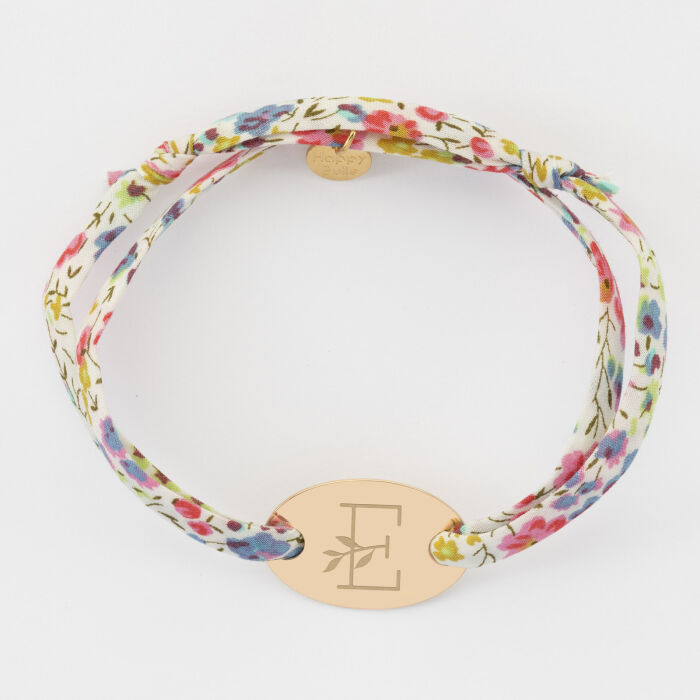 Bracelet 2 tours Liberty personnalisé médaille gravée plaqué or ovale 25x16 mm - illustration initiale florale