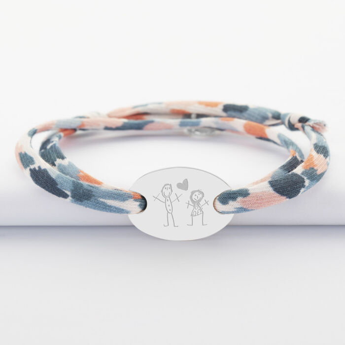 Bracelet 2 tours Liberty personnalisé médaille gravée argent ovale 25x16 mm - dessin