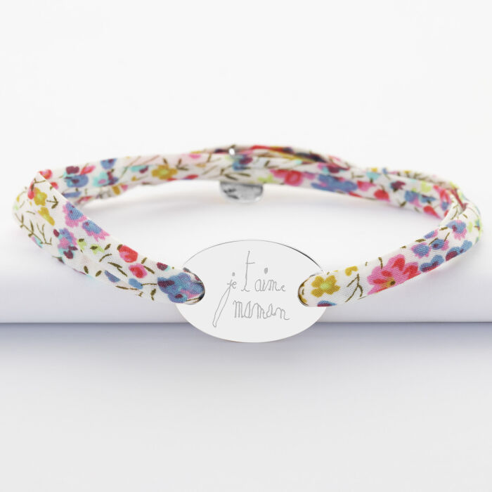 Bracelet 2 tours Liberty personnalisé médaille gravée argent ovale 25x16 mm - texte manuscrit