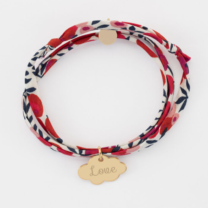 Bracelet 3 tours Liberty personnalisé prénom médaille gravée plaqué or nuage 20x14 mm - texte Love