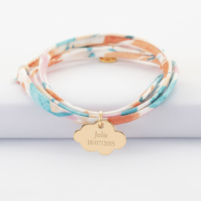 Bracelet 3 tours Liberty personnalisé prénom médaille gravée plaqué or nuage 20x14 mm - texte