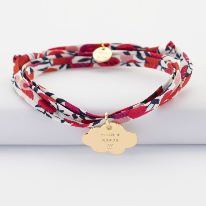 Bracelet 3 tours Liberty personnalisé prénom médaille gravée plaqué or nuage 20x14 mm - illustration maman