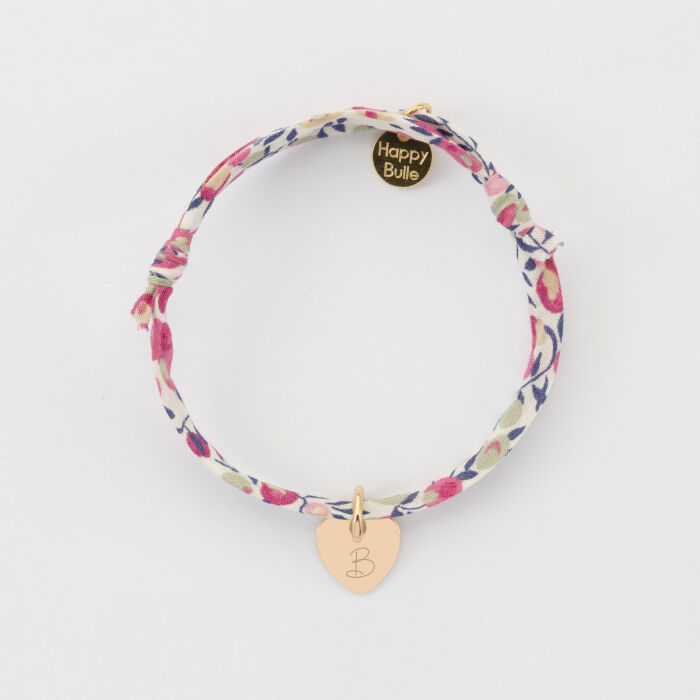 Bracelet enfant personnalisé Liberty médaille initiale gravée plaqué or coeur 10 mm - B