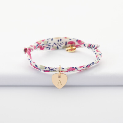 Bracelet enfant personnalisé Liberty médaille initiale gravée plaqué or coeur 10 mm - A