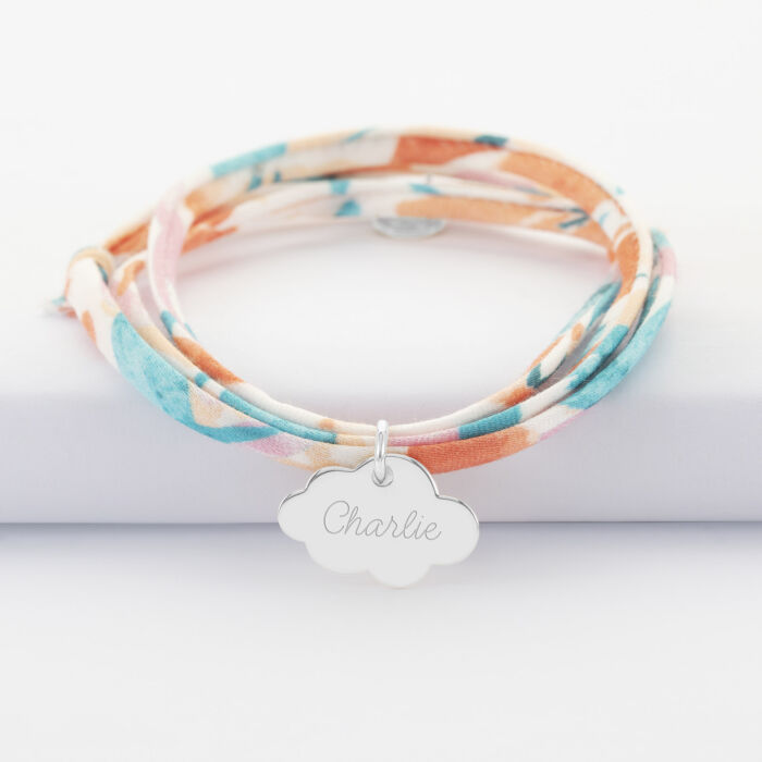 Bracelet 3 tours Liberty personnalisé prénom médaille gravée argent nuage 20x14 mm - prénom