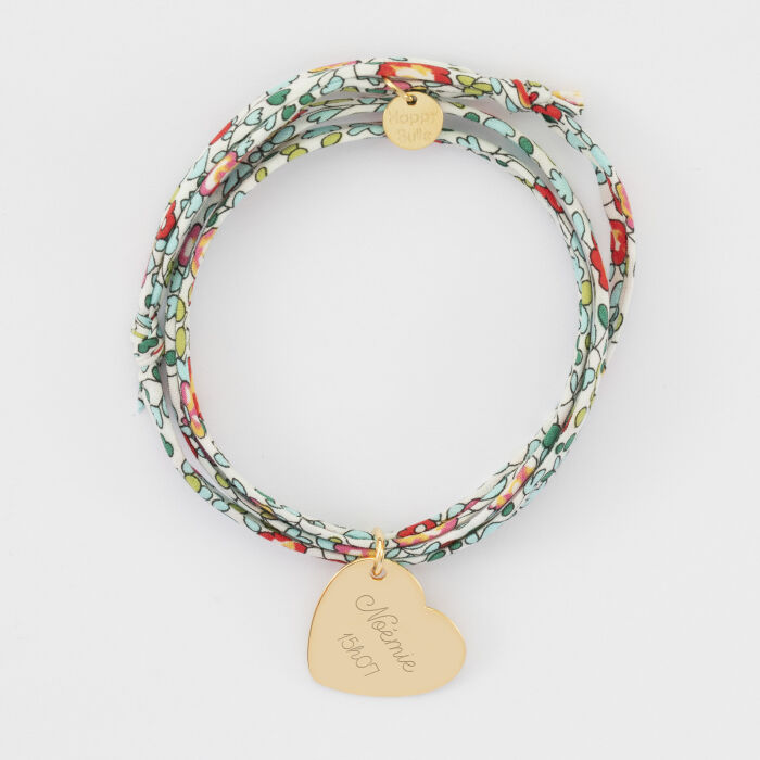 Bracelet 3 tours Liberty personnalisé médaille gravée plaqué or dormeuse coeur 19x21 mm - texte