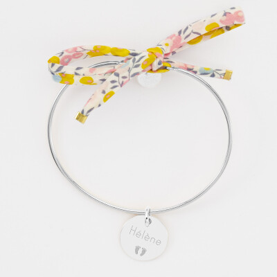 Bracelet personnalisé jonc argent et cordon Liberty médaille gravée 15 mm - texte et pictogramme