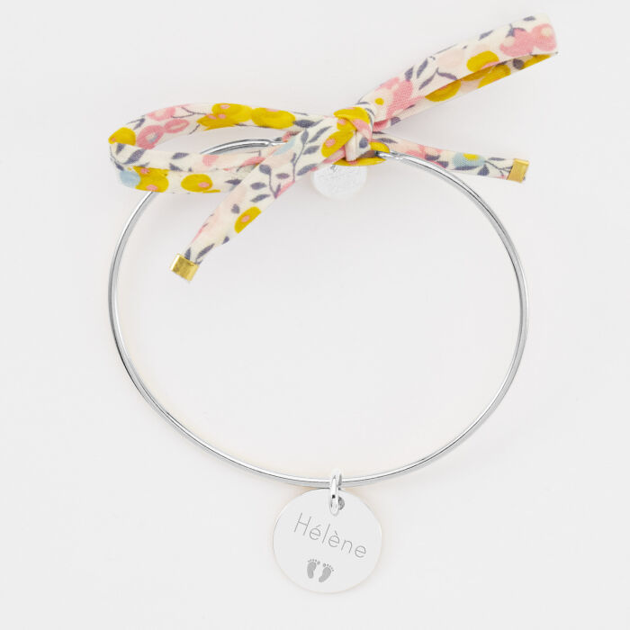 Bracelet personnalisé jonc argent et cordon Liberty médaille gravée 15 mm - texte et pictogramme