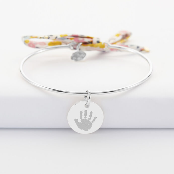 Bracelet personnalisé jonc argent et cordon Liberty médaille gravée 15 mm - empreinte main
