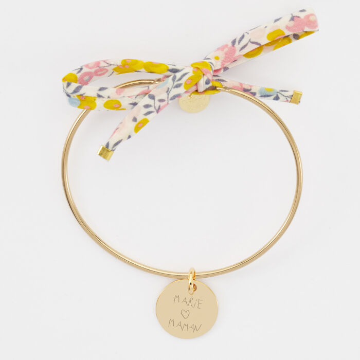 Bracelet personnalisé jonc plaqué or et cordon Liberty médaille gravée 15 mm - prénoms manuscrits