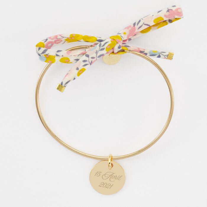 Bracelet personnalisé jonc plaqué or et cordon Liberty médaille gravée 15 mm - texte