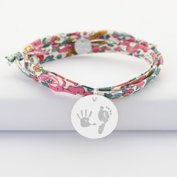 Bracelet 3 tours Liberty personnalisé médaille gravée argent 19 mm - empreintes main pied